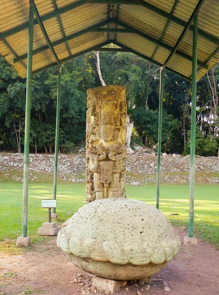 Stela 4 at the Copán UNESCO archaeological site, featured on a Copán day tour from Guatemala City by air — an unforgettable cultural journey for those who fly from Guatemala to Copán.