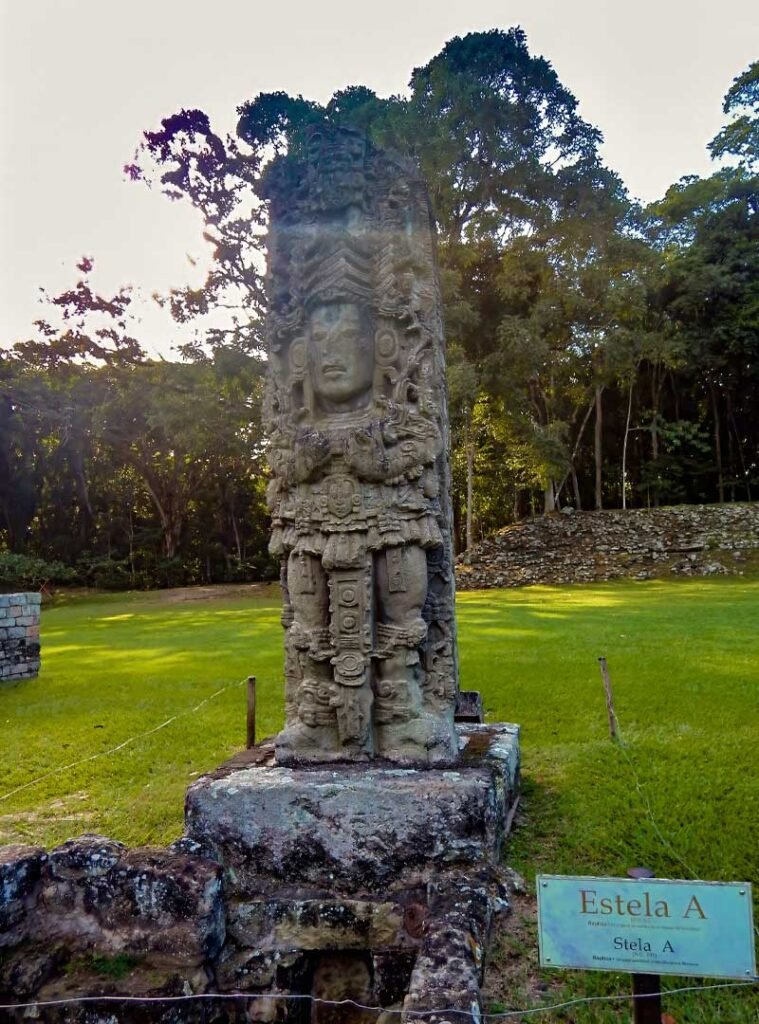 Stela A at the Copán UNESCO archaeological site, captured during a Copán day tour from Guatemala City by air — a unique opportunity to fly from Guatemala to Copán and explore ancient Maya history.